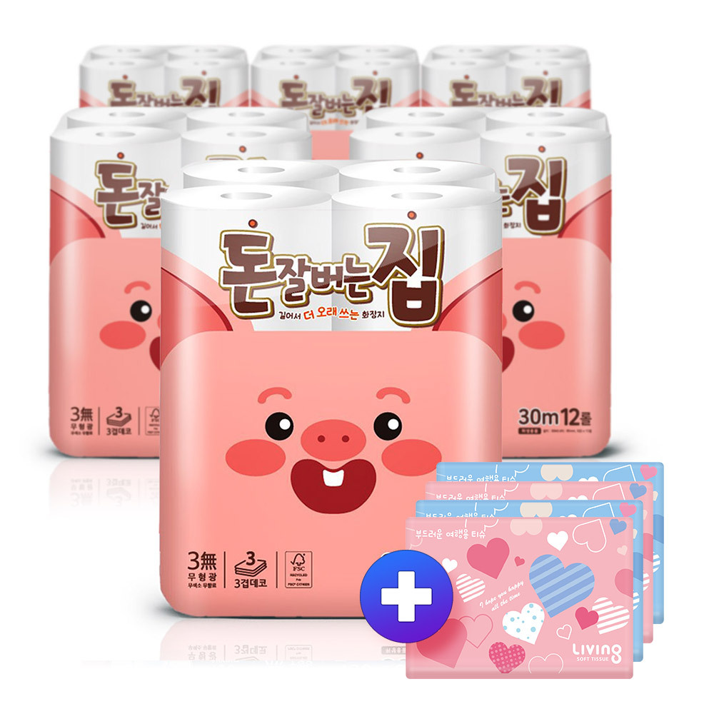 돈잘버는집 무형광 화장지 30M12롤6팩 +여행용40매6팩