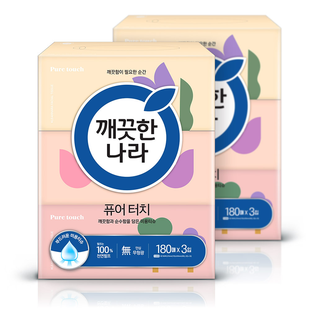 깨끗한나라 퓨어 터치 미용티슈 180매3입 x2팩