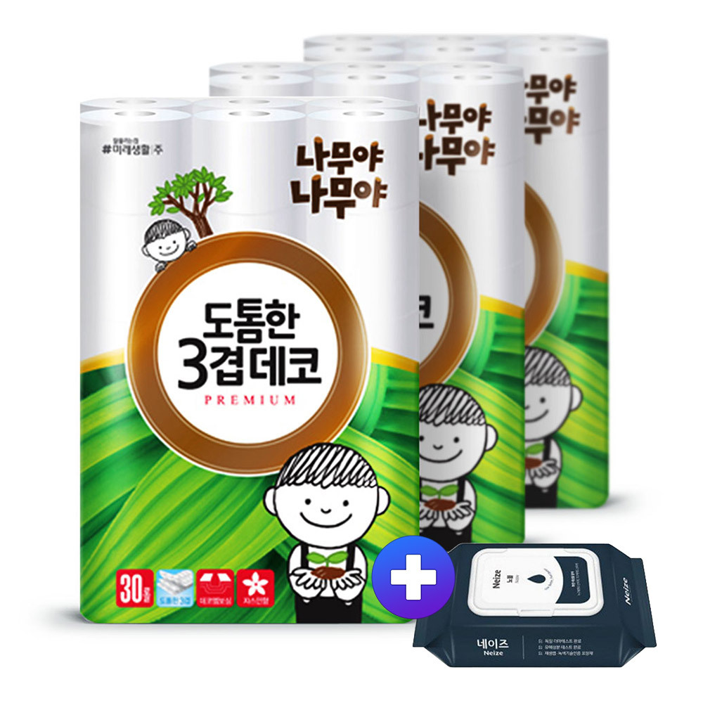 나무야 도톰한 데코 화장지 30m30롤3팩 +물티슈20매