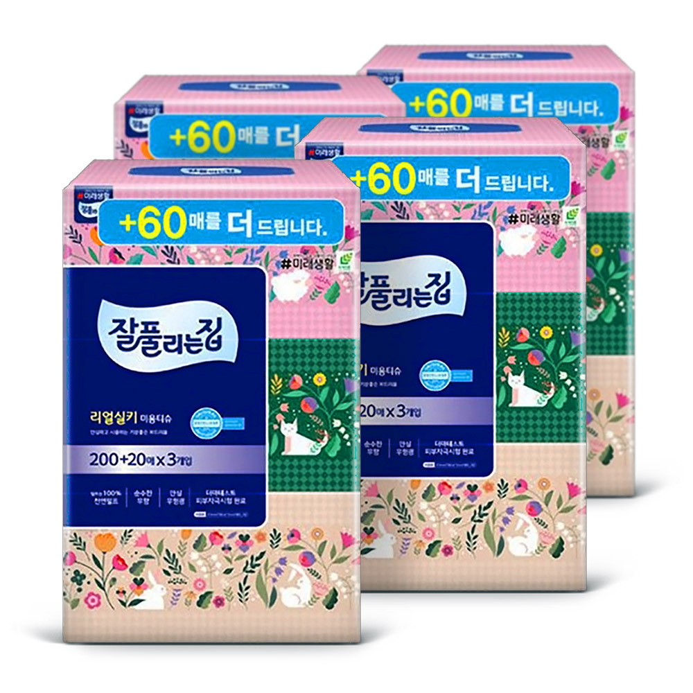 잘풀리는집 리얼실키 미용티슈 200매+20매 3입 x4팩