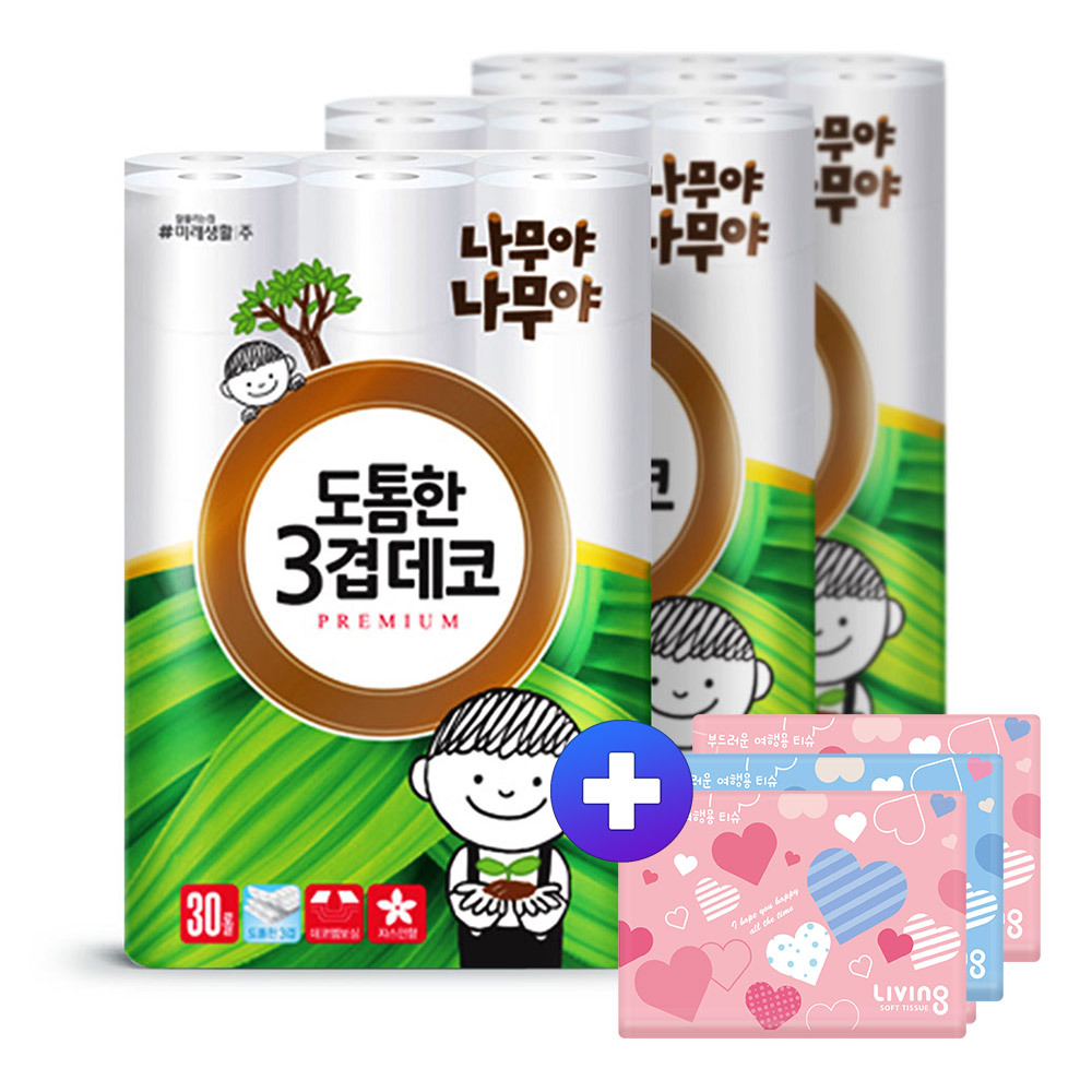 나무야 도톰한 데코 화장지 30m30롤3팩 +티슈40매3개