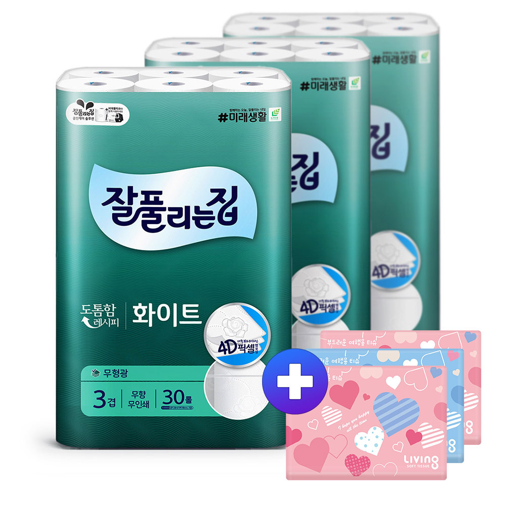 잘) 도톰한 화이트 화장지 28m30롤3팩 +티슈40매3개