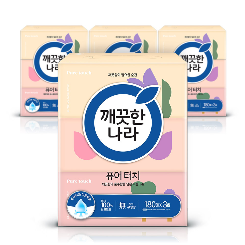 깨끗한나라 퓨어 터치 미용티슈 180매3입 x4팩