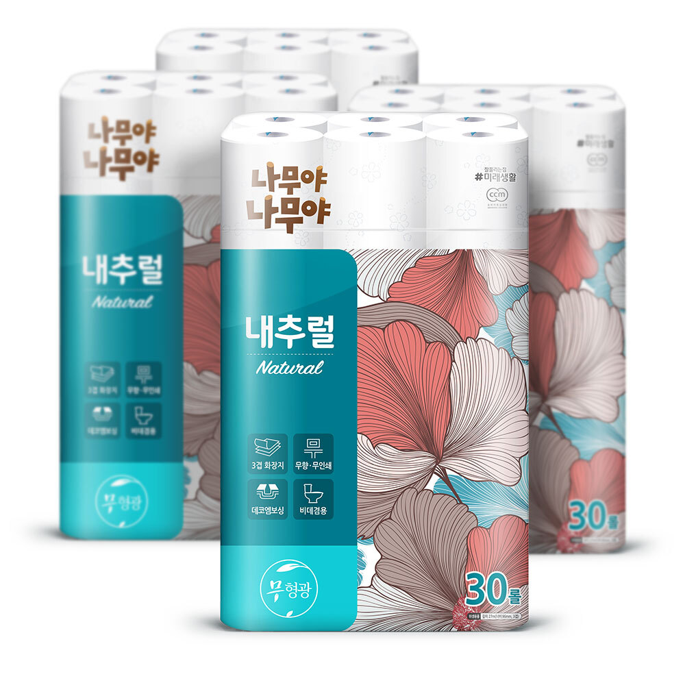 나무야 내츄럴 무형광화장지 3겹 27m 30롤 4팩