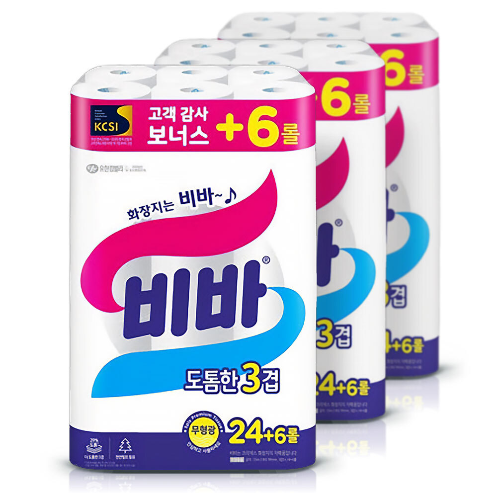유한킴벌리 화장지 비바 도톰한3겹 25m(24+6롤) x3팩