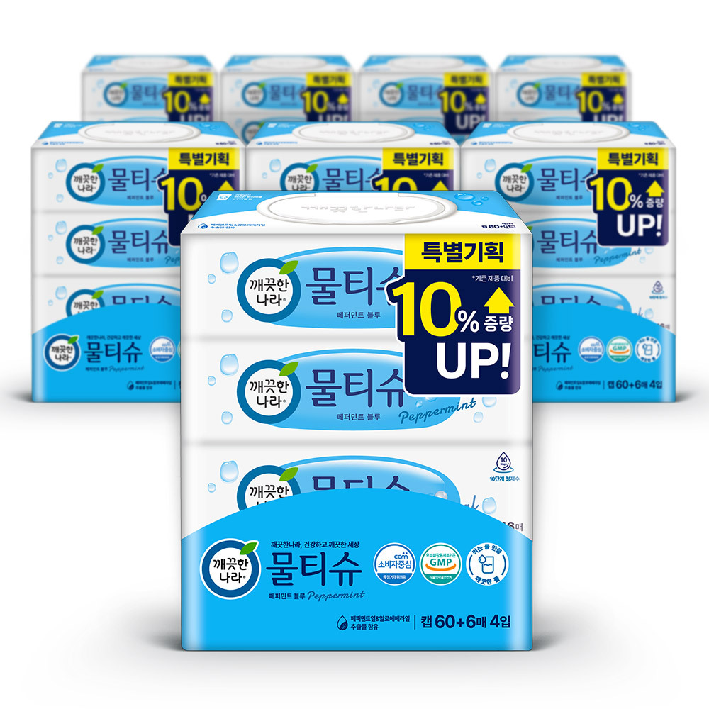 깨끗한나라 물티슈 페퍼민트 캡형 60+6매4입 x8팩