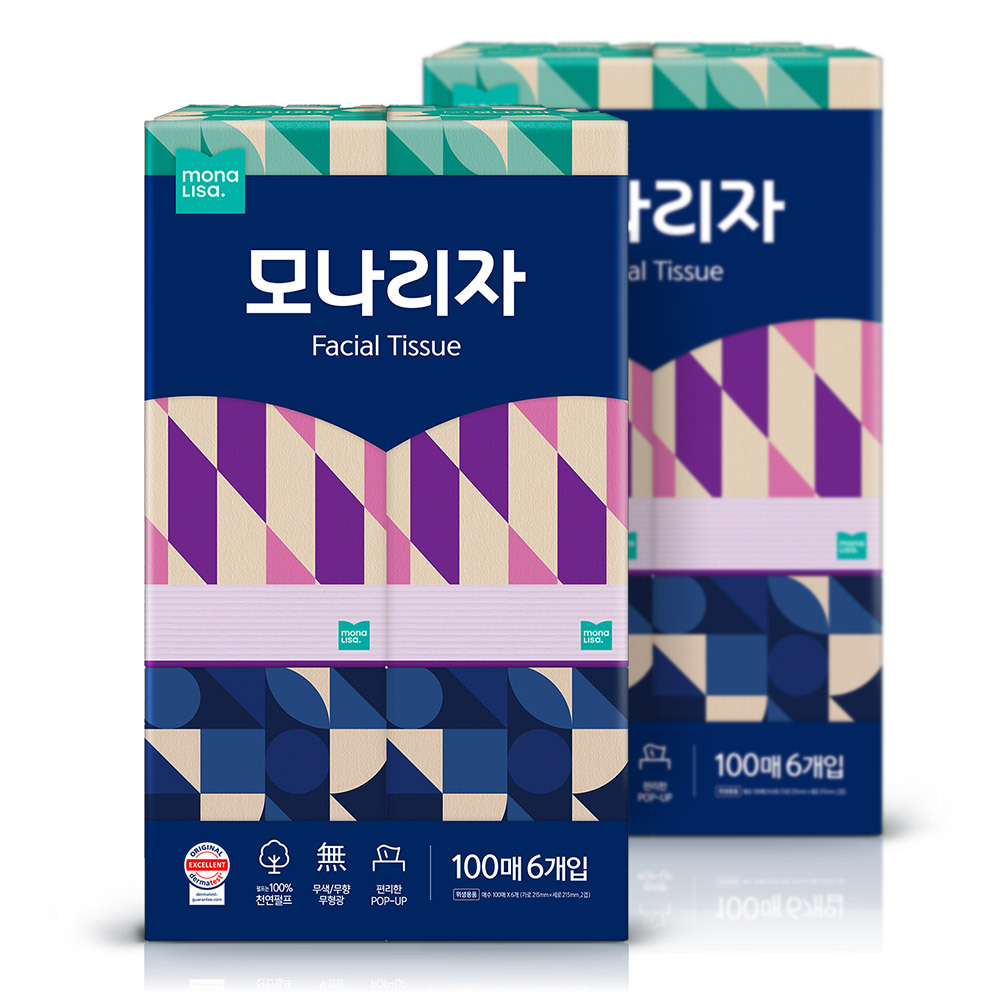 모나리자 미용티슈 천연펄프 무색 무향 100매6입 2팩