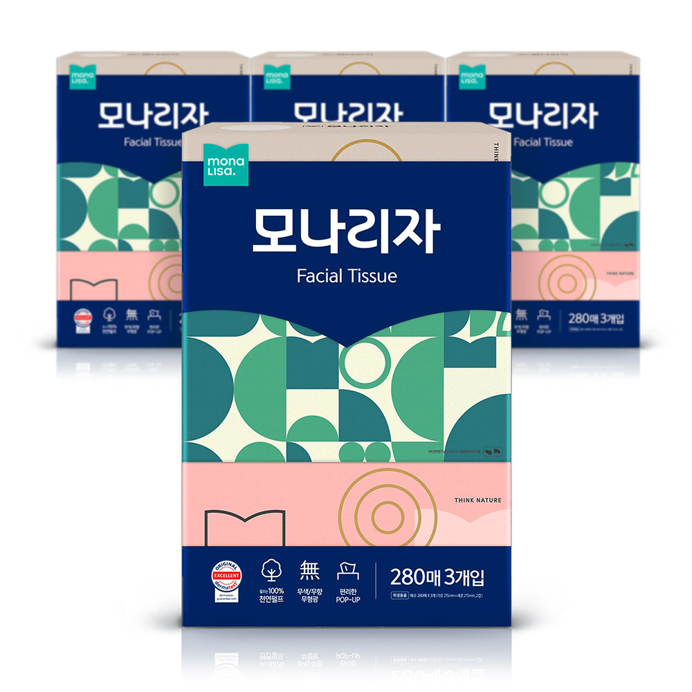 모나리자 미용티슈 천연펄프 무색 무향 280매3입 4팩