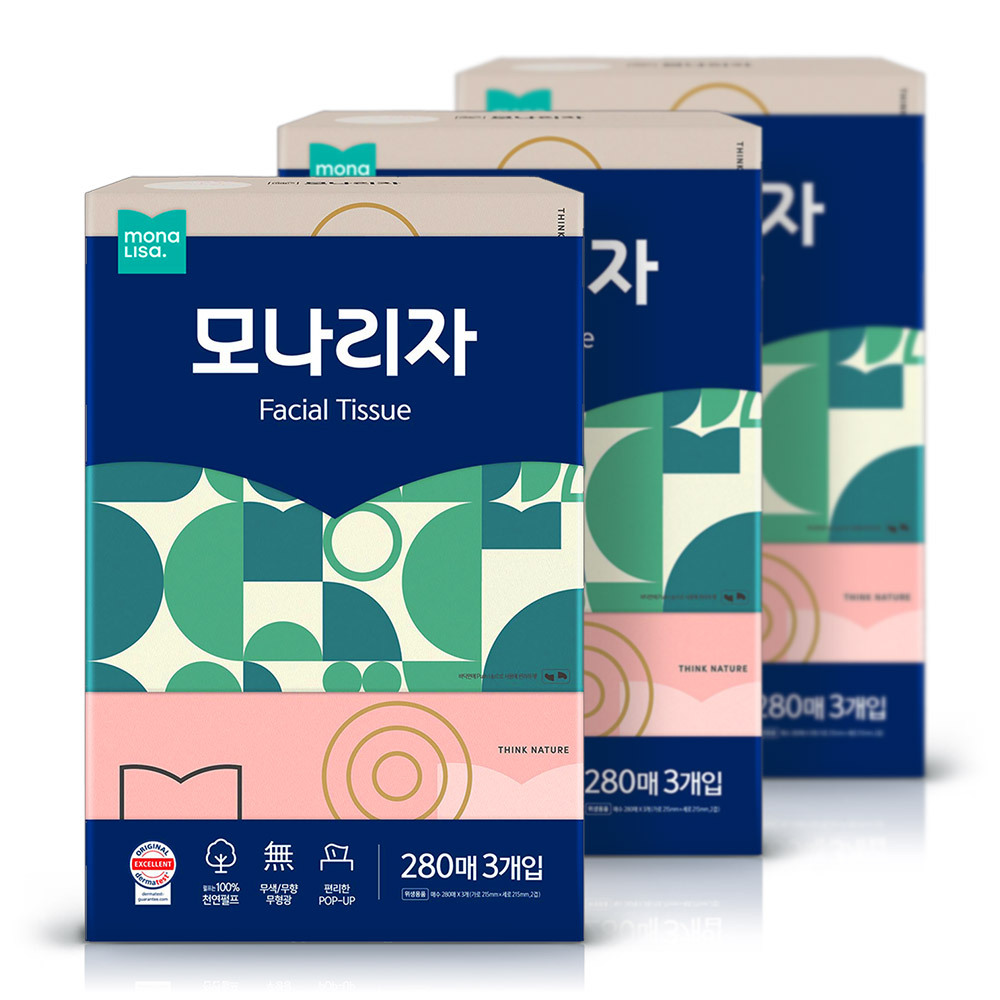 모나리자 미용티슈 천연펄프 무색 무향 280매3입 3팩