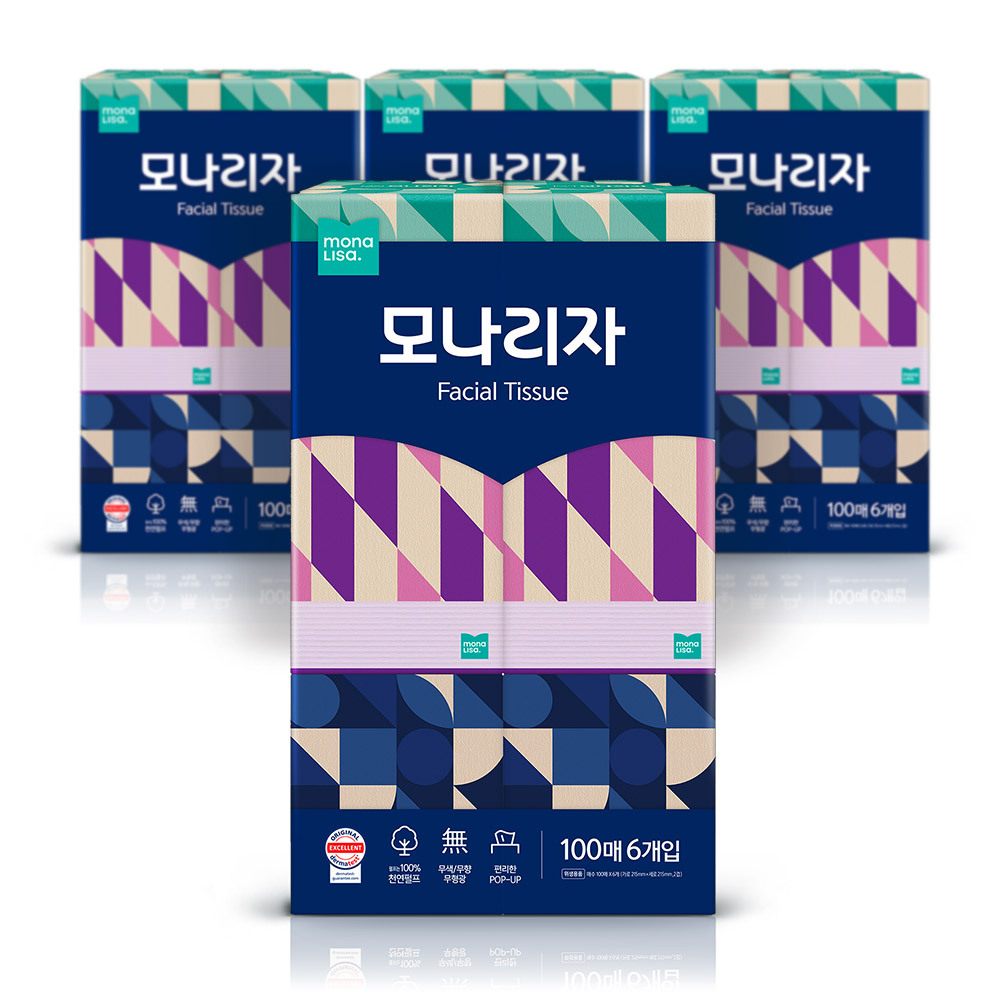 모나리자 미용티슈 천연펄프 무색 무향 100매6입 4팩