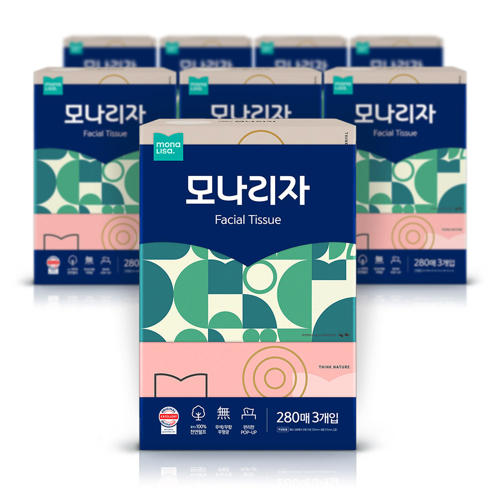 모나리자 미용티슈 천연펄프 무색 무향 280매3입 8팩