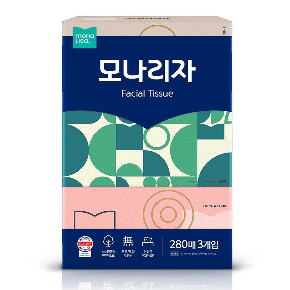 모나리자 미용티슈 천연펄프 무색 무향 280매3입 1팩