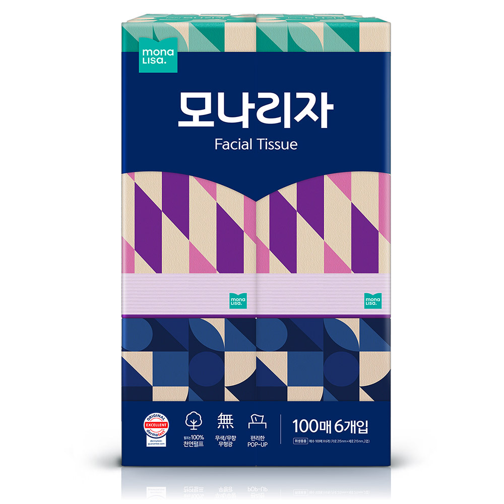 모나리자 미용티슈 천연펄프 무색 무향 100매6입 1팩