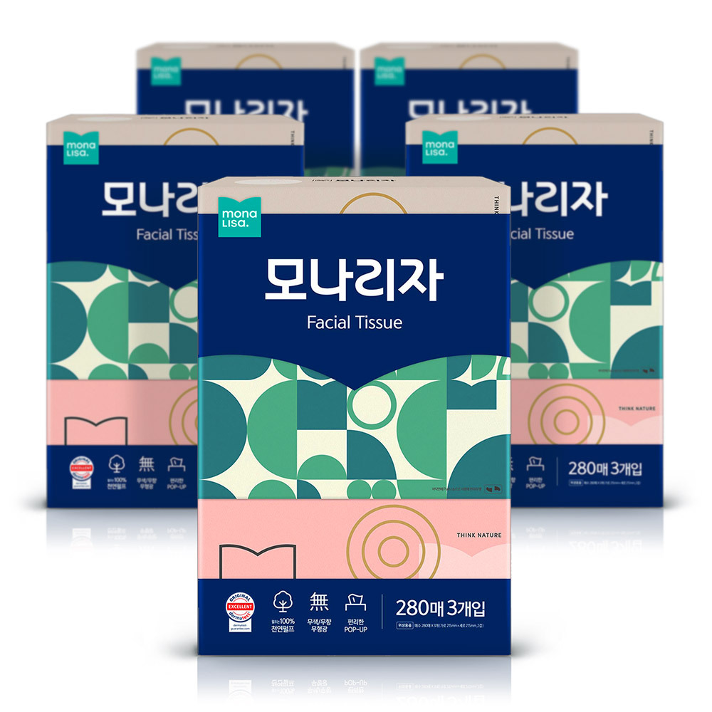 모나리자 미용티슈 천연펄프 무색 무향 280매3입 5팩