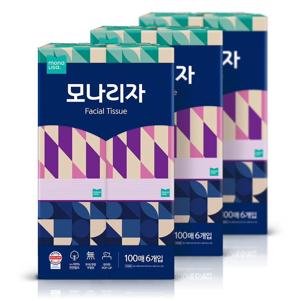 모나리자 미용티슈 천연펄프 무색 무향 100매6입 3팩
