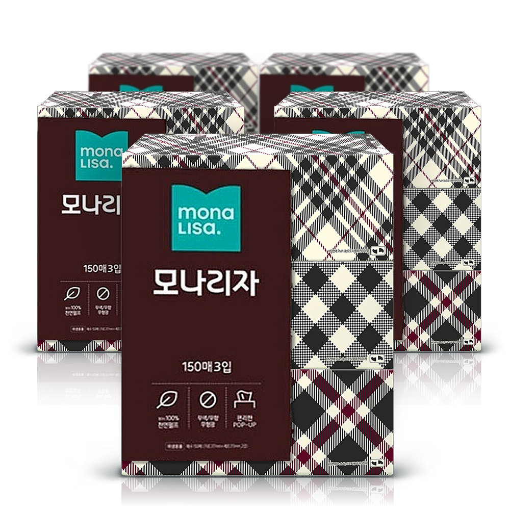 모나리자 미용티슈 천연펄프 무색 무향 150매3입 5팩