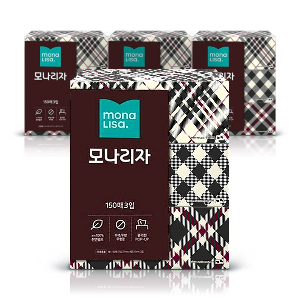 모나리자 미용티슈 천연펄프 무색 무향 150매3입 4팩