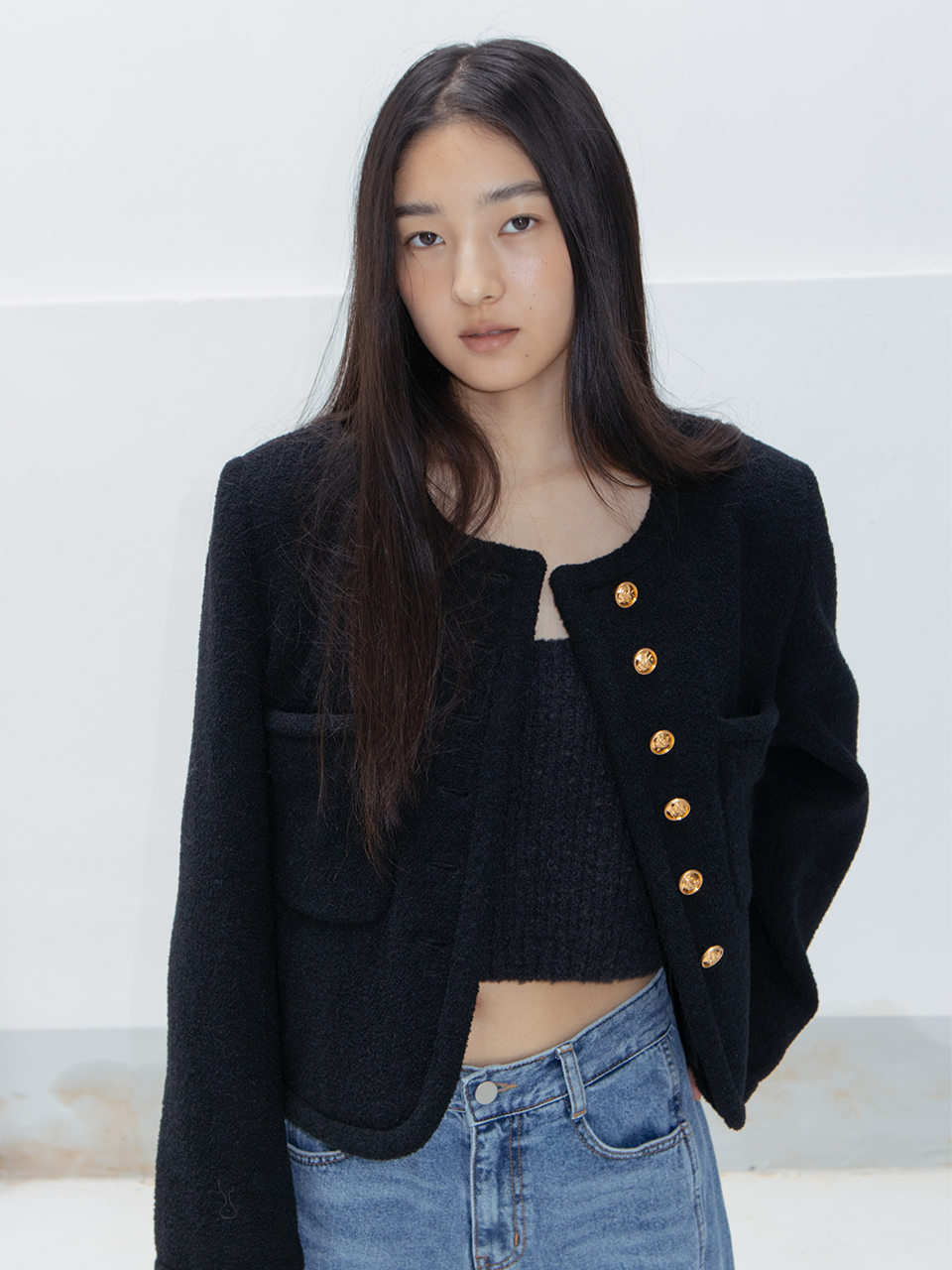 Scoop neck Fancy yarn Tweed Jacket_Black