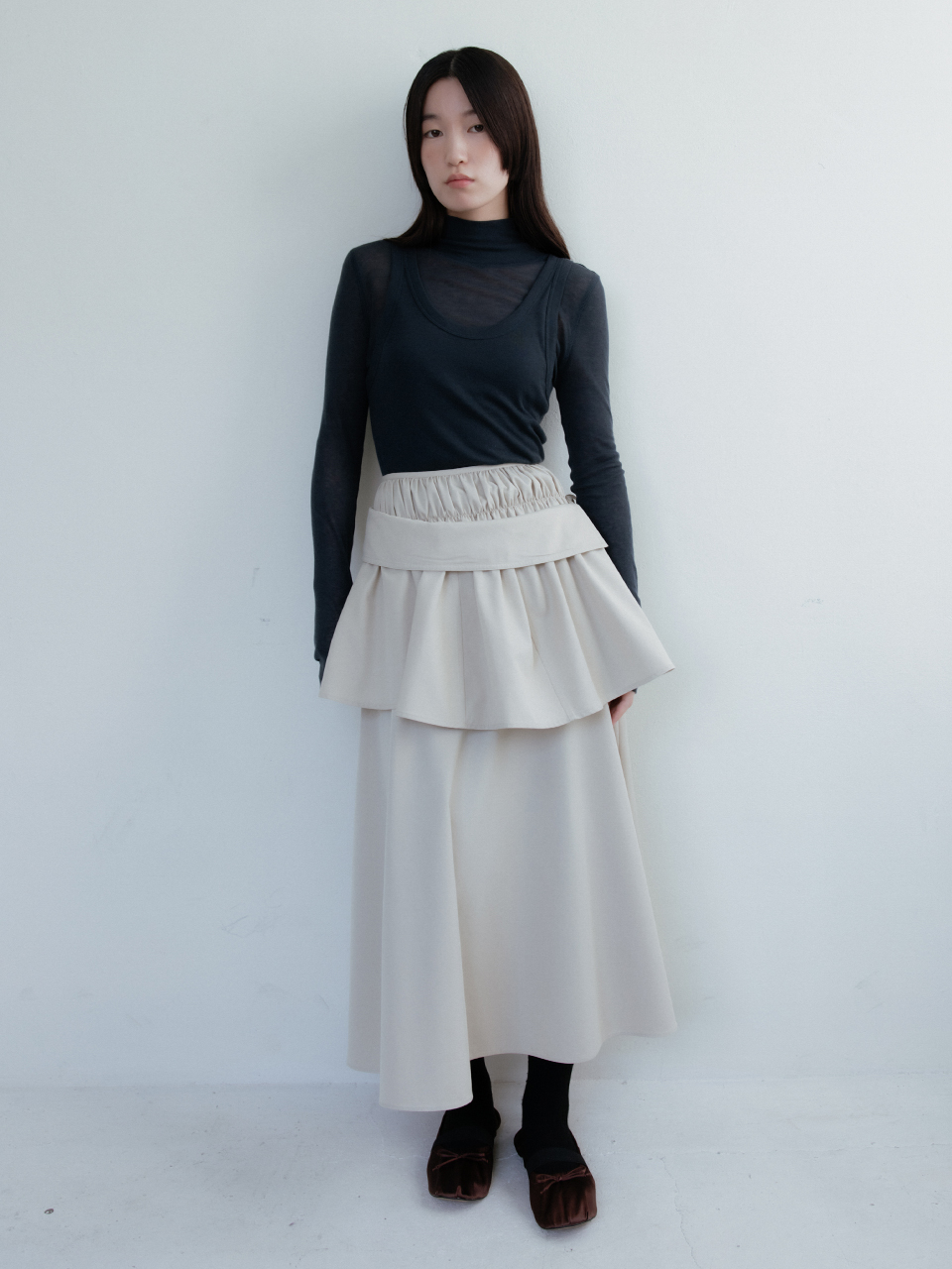 Cape Shirring Skirt _Beige