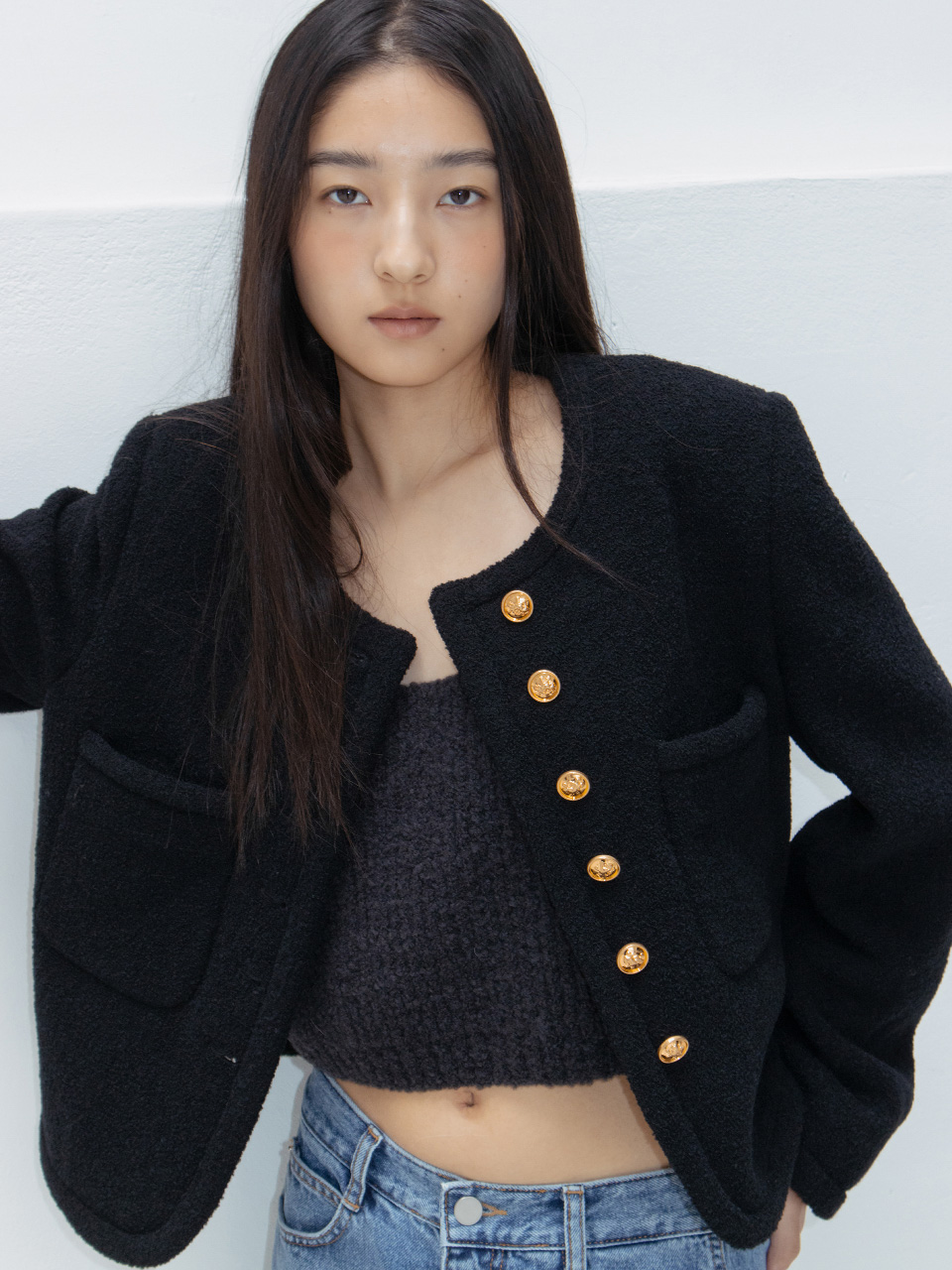 Scoop neck Fancy yarn Tweed Jacket_Black