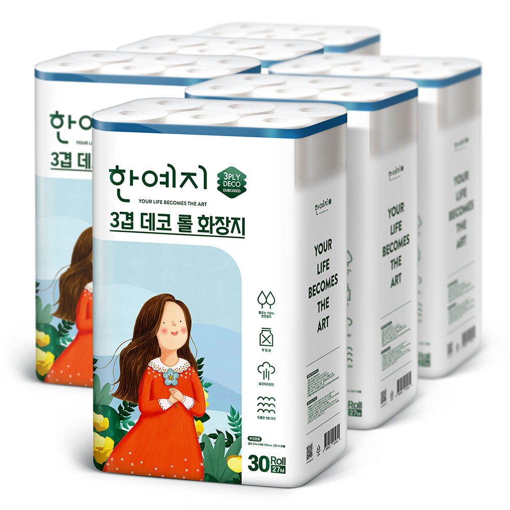 한예지 3겹 데코 화장지 27m 30롤 6팩