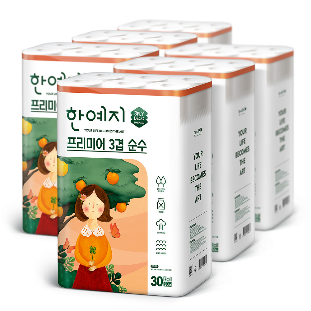 한예지 프리미어 3겹 순수 화장지 30m 30롤 6팩