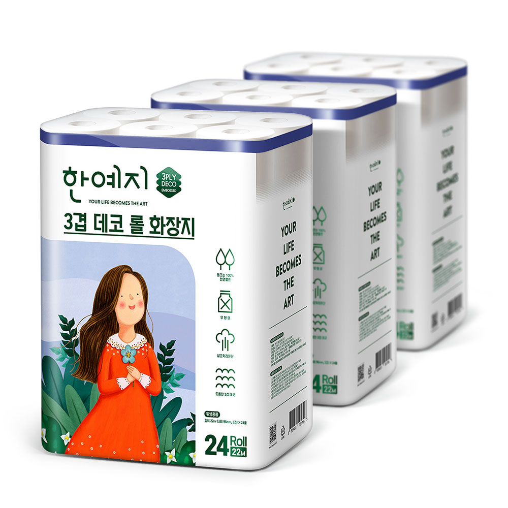 한예지 3겹 데코 화장지 22M 24롤 3팩