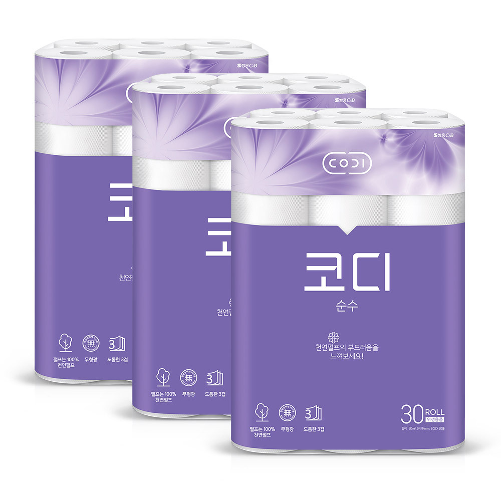 화장지 코디 순수 30m 30롤 3팩 두루마리 휴지