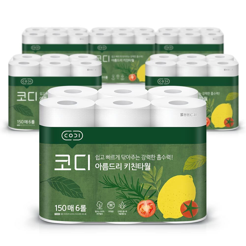 키친타월 코디 아름드리 티슈 150매 6롤 6팩
