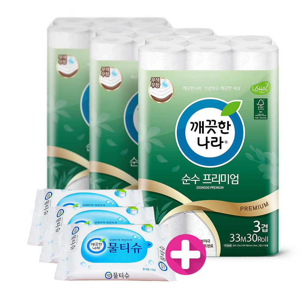 깨) 순수 화장지 33m30롤3팩 +휴대wt10매3개
